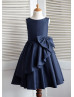 Navy Blue Taffeta Knee Length Flower Girl Dress